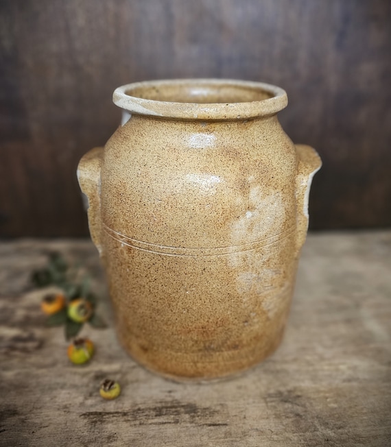 Senfglasiertes Steinzeug Französisches Butterfass, antiker traditioneller alter Butterkrug