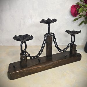 Vintage Brutalist 3 Branches Candelabra Chain Iron with Wood, Hand Forged Iron