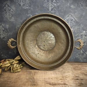 Large Antique Brass Kitchen Bowl with Ornate Handles