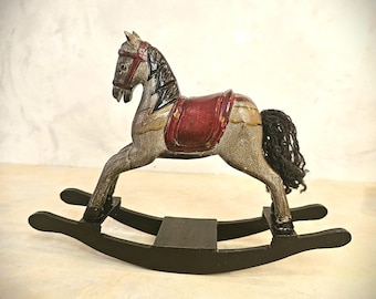 Hand Carved Wooden Rocking Horse: Vintage Folk Art Toy