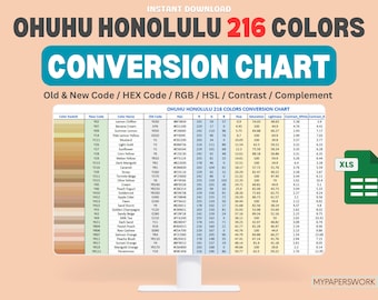 Ohuhu Honolulu 216 Färgkonverteringstabell (xls) | Gamla nya koder, hex, rgb, hsl