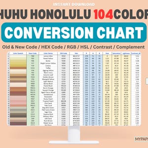 Könnte beinhalten: Ein Computermonitor zeigt eine Farbumrechnungstabelle mit dem Titel "OHUHU HONOLULU 104COLORS". Die Tabelle enthält Farbfelder, neue und alte Codes, HEX-Codes, RGB, HSL, Kontrast- und Komplementdaten. Ein XLS-Dateisymbol ist sichtbar.
