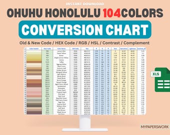 Ohuhu Honolulu 104 Färgkonverteringstabell (xls) | Gamla nya koder, hex, rgb, hsl