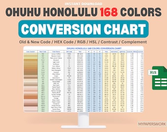 Ohuhu Honolulu 168 Färgkonverteringstabell (xls) | Gamla nya koder, hex, rgb, hsl