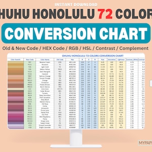 May include: A computer monitor displays a color conversion chart titled "OHUHU HONOLULU 72 COLORS." The chart includes color swatches, new and old codes, and HEX, RGB, HSL, contrast, and complement values. An XLS file icon is visible.