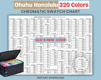 Ohuhu Honolulu 320 färger färgprovsdiagram | Testblad för kromatisk markör (PDF/PNG)