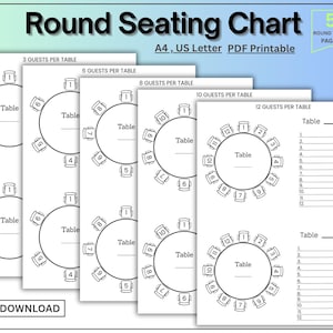 Puede incluir: Plantillas imprimibles en blanco y negro para planos de asientos redondos. Las plantillas incluyen opciones para 3, 6, 8, 10 y 12 invitados por mesa. El texto "Round Seating Chart" e "Instant Download" son visibles.