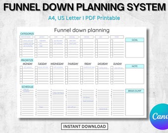 Funnel Down Veckoplanerare: Målsättning, Tidshantering (Canva-redigerbar PDF)