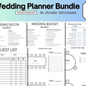 May include: A printable wedding planner bundle with checklists for decor, budget, and a wedding day timeline. Includes a guest list template. The bundle is available in A4 and US Letter sizes and contains 44 pages.