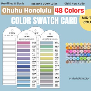 以下が含まれることがあります： Ohuhu Honoluluマーカー用のカラースウォッチカード。48色の中間色が含まれています。カードにはカラースウォッチと「COLOR SWATCH CARD」の文字が含まれています。画像には「Pre-filled & Blank」と「INSTANT DOWNLOAD」の文字も含まれています。