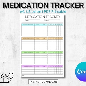 Può includere: Un modello stampabile di monitoraggio dei farmaci con sezioni per i farmaci mattutini, pomeridiani, serali e altri. Il documento include spazio per registrare la dose e l'ora, con un calendario settimanale.