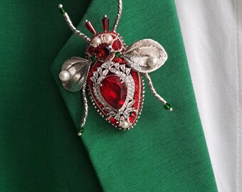 Red crystal beetle brooch, handmade