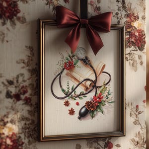 Puede incluir: Una impresión enmarcada con una ilustración médica vintage, adornada con un lazo burdeos. La obra de arte representa un estetoscopio, instrumentos médicos y detalles florales. El marco es dorado y la impresión cuelga contra un papel pintado floral.