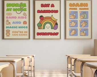 May include: Three framed posters with retro designs. The posters feature text and illustrations. One says "Nurse at Work" with medical symbols. Another says "Eat a Rainbow Everyday" with a rainbow and fruits. The third says "Wash Your Hands" with handwashing steps.