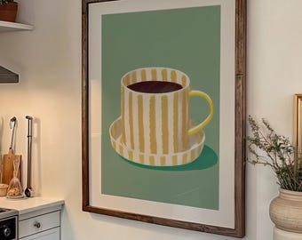 Yellow Striped Coffee Mug Poster : Coffee Corner Decor,Kitchen Wall Art (Digital Download)