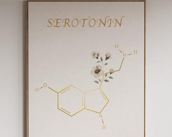 Gold Line Art Serotonin Molecule Print: Psychology Office Decor,Chemistry Poster (Digital Download)