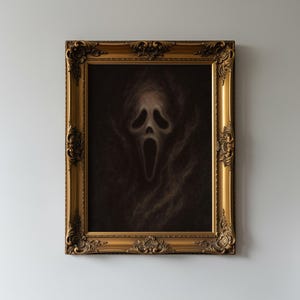 May include: A framed artwork featuring a ghostly face with an open mouth, set against a dark background. The artwork is enclosed in an ornate, gold-colored frame, adding a vintage touch. The image evokes a sense of horror and mystery.