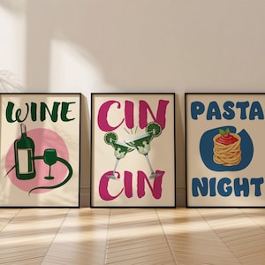 Sztuka na barze Vintage Cart, zestaw 3 wydruków, Pasta Night - Cin Cin - Cheers to Wine Print, pobieranie cyfrowe, prezenty kuchenne, wystrój jadalni Dopamine