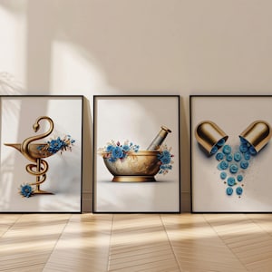 Pharmacy Poster Set of 3 : Caduceus,Pestle,Medicine Poster,Gold Blue Art (Digital Download)