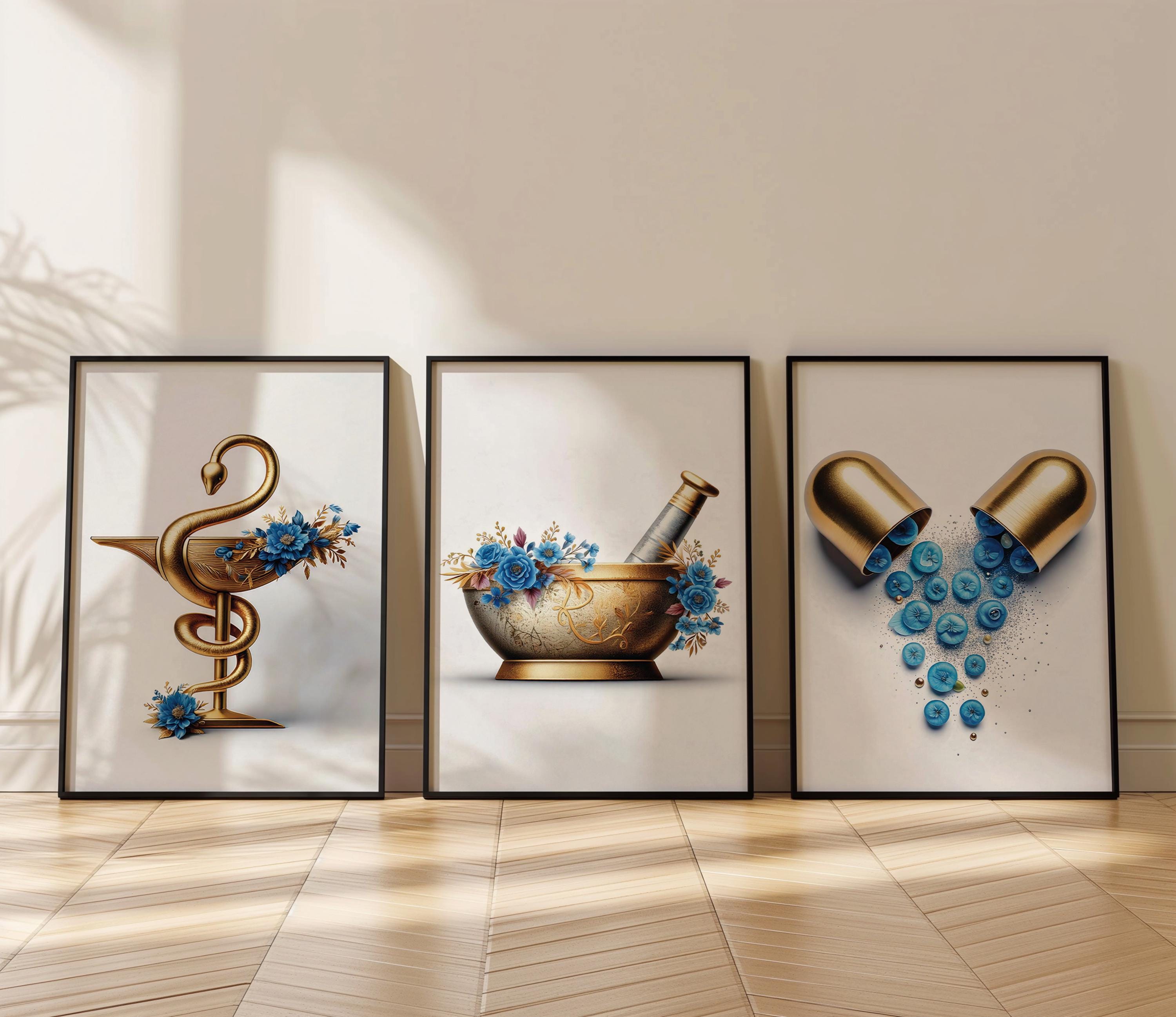 Pharmacy Decor,Set of 3,Pestle,Caduceus Print,Medicine Print,Pharmacist Gift,Pharmacy Graduate,Gold Art,Blue Floral Print,DIGITAL DOWNLOAD
