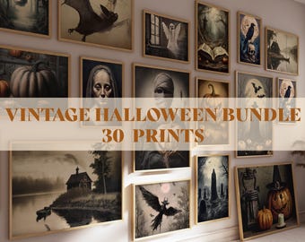 May include: A collection of 30 vintage Halloween-themed prints displayed on a wall. The prints feature various spooky and whimsical images, including bats, ghosts, pumpkins, and owls. The prints are framed in a simple, wooden frame.