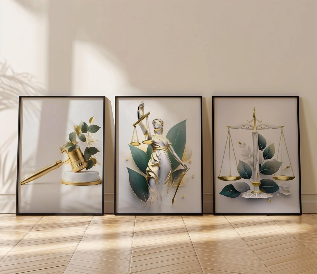Golden Lawyer Office Decor Set of 3: Scales, Gavel, Lady Justice Poster ...