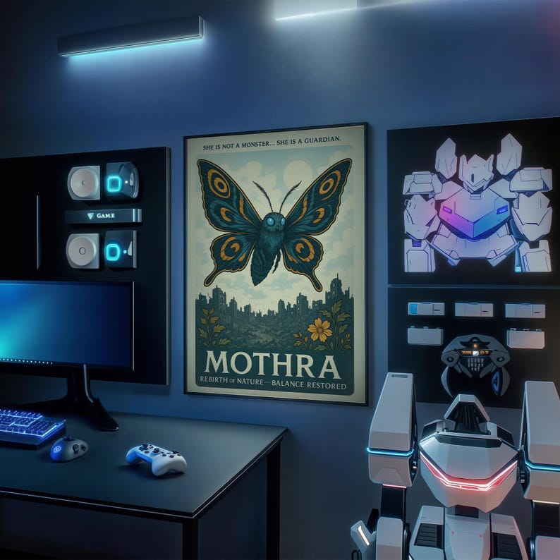 May include: A framed poster with a teal butterfly design and the word "MOTHRA" in large letters. The poster is in a room with a computer, game controllers, and a robot.