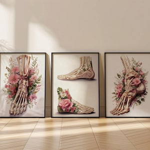 Juego de 3 decoraciones para consultorio de podología, impresión digital, estampado floral rosa, arte de anatomía del pie, arte de podología, arte médico de pared, regalo ortopédico
