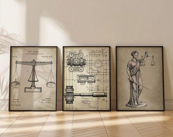 Law Office Art Prints Set of 3: Lady Justice, Scales, Patent Drawings (Digital Download)
