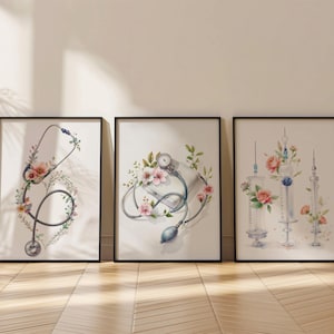 Puede incluir: Tres impresiones artísticas enmarcadas que presentan instrumentos médicos adornados con arreglos florales. Las impresiones incluyen un estetoscopio, un esfigmomanómetro y jeringas, todos decorados con flores rosas y melocotón y follaje verde. Los marcos son negros.