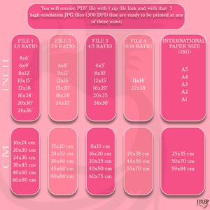 May include: Pink chart detailing print sizes in inches and centimeters, including ratios like 2:3, 3:4, 4:5, and 11:14, plus international paper sizes (ISO). The text states that you will receive a PDF file with a zip file link and 5 high-resolution JPG files.