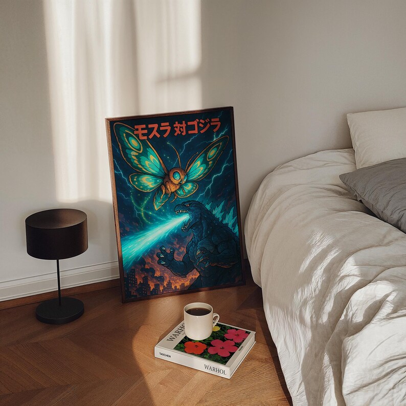 Op de afbeelding: Een ingelijste poster met een levendige illustratie van een gigantische mot en Godzilla in gevecht, met Japanse tekst. Het kunstwerk is geplaatst tegen een donkerblauwe achtergrond met een brandende stad. Een koffiekopje staat op een boek.