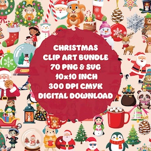 70 PNG + SVG Christmas Clipart Bundle,Holiday Clipart, Cute Christmas Clip Art, Digital Download,Santa, Penguins, Snowman,Commercial Use