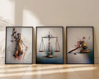 Puede incluir: Tres impresiones enmarcadas que representan símbolos de la justicia: una estatua de la diosa Justicia sosteniendo una balanza, una balanza y un mazo.