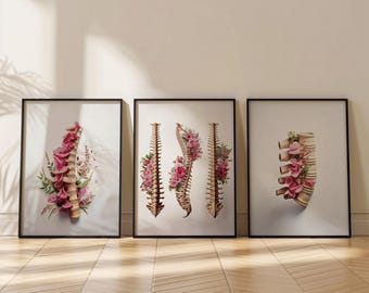 Pink Floral Chiropractic Poster Set of 3: Spine Anatomy Wall Art (Digital Download)