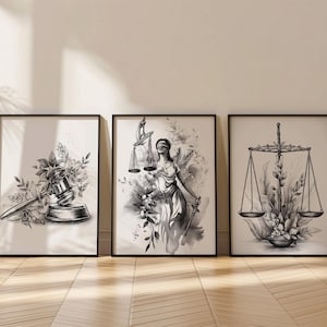 Law Office Poster 3er-Set - Monochrome druckbare Kunst, Justitia, Waage der Gerechtigkeit & Hammer - Minimalistische rechtliche Wandkunst - digitaler Download
