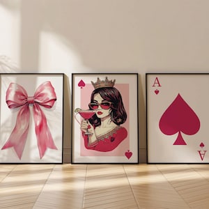 Girly Pink Wandkunst 3er-Set, Digitaldruck, Schleifendruck, Queen of Hearts Druck, Ace Print, Girly Schlafzimmer Dekor, Home Office Dekor, Femine Dekor