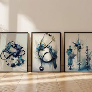 Nurse Office Decor,Set of 3,Digital Download,Nature Office Decor,Nurse Graduation Gift,Stethoscope, Syringe, Blood Pressure Monitor Prints