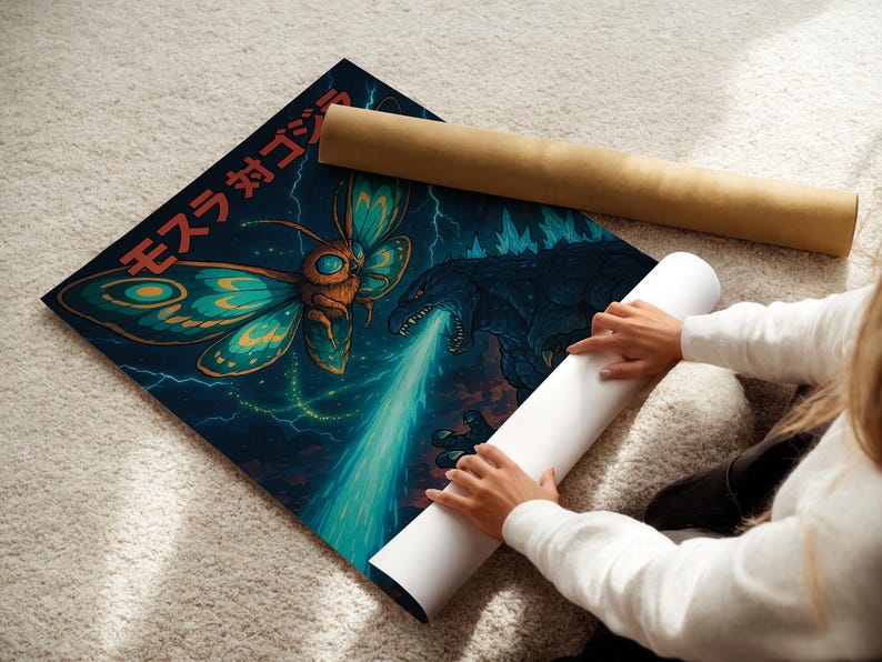 Op de afbeelding: Een poster met een levendige illustratie van een gigantische mot en Godzilla die vechten, met Japanse tekst. Het kunstwerk is overwegend blauw, teal en oranje, met bliksemeffecten. Een opgerolde poster ligt ernaast.