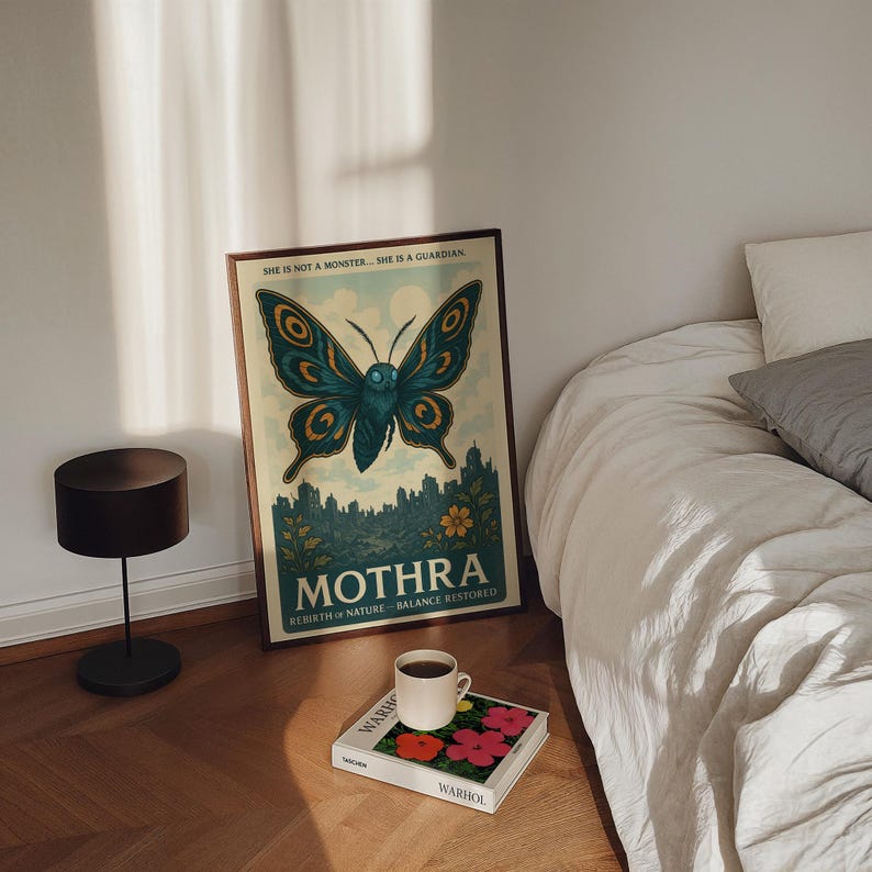 May include: A framed poster featuring a teal and gold butterfly design with the word "MOTHRA" in large letters. The poster also includes the text "SHE IS NOT A MONSTER...SHE IS A GUARDIAN" and "REBIRTH OF NATURE - BALANCE RESTORED". A coffee cup sits on a book.