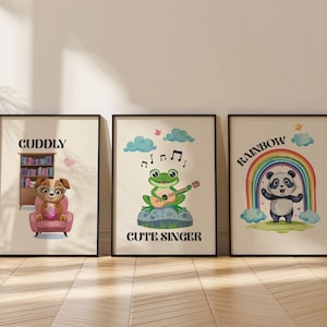 Decorazioni per la cameretta dei bambini, set da 3, scaricabili digitalmente, collezione di decorazioni da parete per la cameretta dei bambini, decorazioni per la cameretta dei neonati, stampe di animali giocosi, stampe di cani, rane e panda