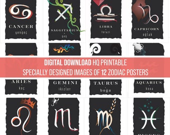 Zodiac Poster Set of 12: Minimalist Astrology Prints, Spiritual Wall Art (Digital Download)