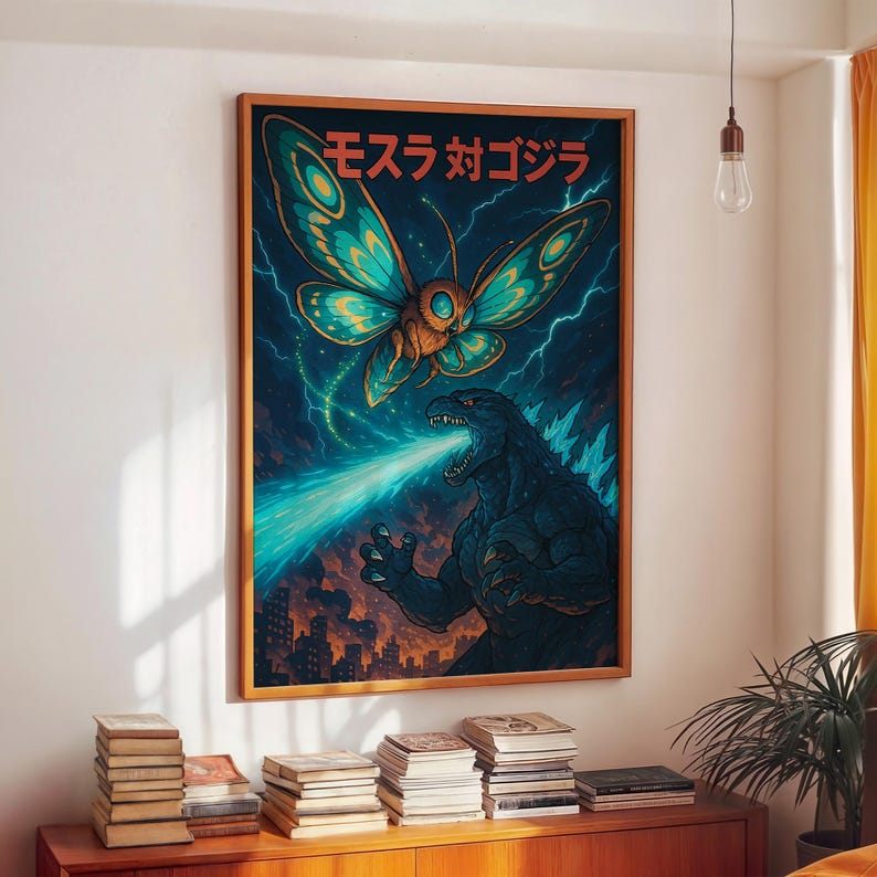 May include: A framed poster featuring a battle scene between a giant moth and Godzilla. The artwork is vibrant, with a teal and orange color scheme. The Japanese text "Mosura tai Gojira" is at the top. The poster is displayed on a white wall.