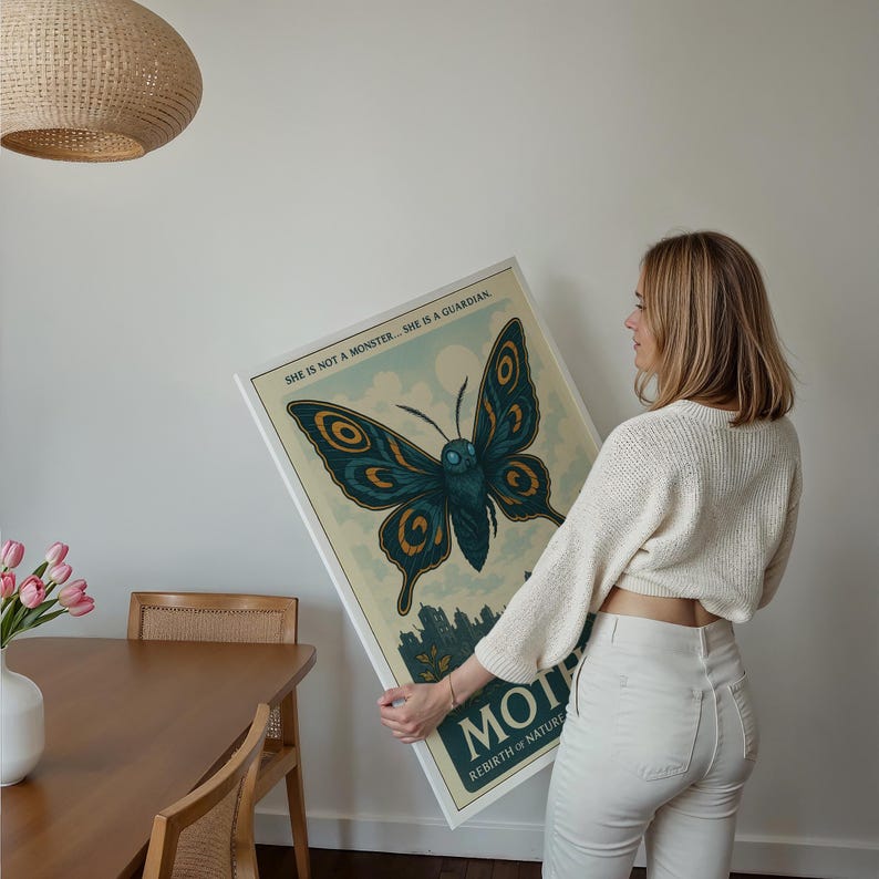 May include: A framed art print featuring a large moth illustration in teal and gold against a light blue sky. The print includes the text "SHE IS NOT A MONSTER... SHE IS A GUARDIAN" and "MOTH REBIRTH OF NATURE."