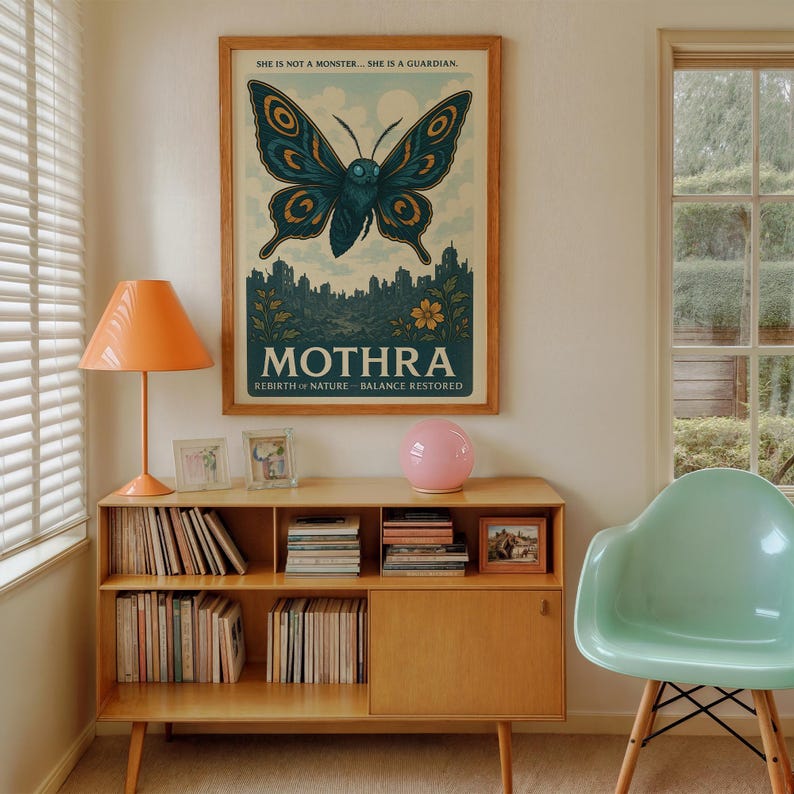 May include: A wooden framed poster with a teal and gold butterfly illustration, with the word "MOTHRA" below it. The poster hangs above a wooden cabinet with books, a pink lamp, and a light green chair.
