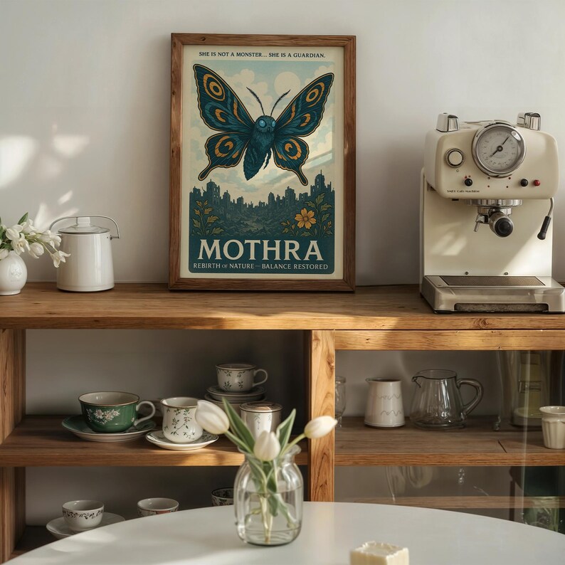 May include: A framed poster with a butterfly design and the word "MOTHRA" in a vintage style. The poster has a wooden frame and is displayed on a wooden shelf. The text "SHE IS NOT A MONSTER... SHE IS A GUARDIAN" is at the top.