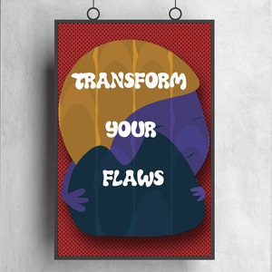 Może przedstawiać: Motivacyjny plakat z czerwonym tłem i białymi kropkami. Plakat przedstawia postać z kreskówki z fioletową i żółtą głową oraz tekstem "Zmień swoje wady".