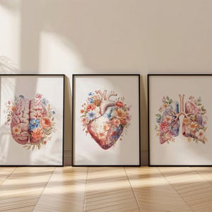 Doctor Office Wall Art,Set of 3,Nurse Gift,Medical Office Decor,Anatomy Prints,Floral Art Prints,Lung,Brain,Heart Prints,DIGITAL DOWNLOAD