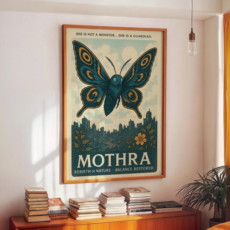 May include: A framed poster featuring a teal and gold butterfly illustration above a cityscape. The poster reads "SHE IS NOT A MONSTER... SHE IS A GUARDIAN." and "MOTHRA REBIRTH OF NATURE - BALANCE RESTORED."