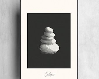 Rock Balancing Art Print: Zen Stone Monochrome Poster, Meditation Room Wall Art (Digital Download)